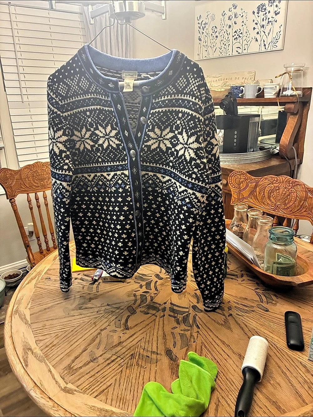 L.L.Bean Fair Isle Lambswool Cardigan Sweater Black & White Small